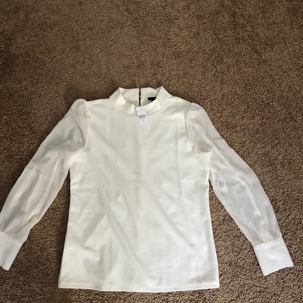 Ann Taylor Cream Long-Sleeve Mock Neck Blouse